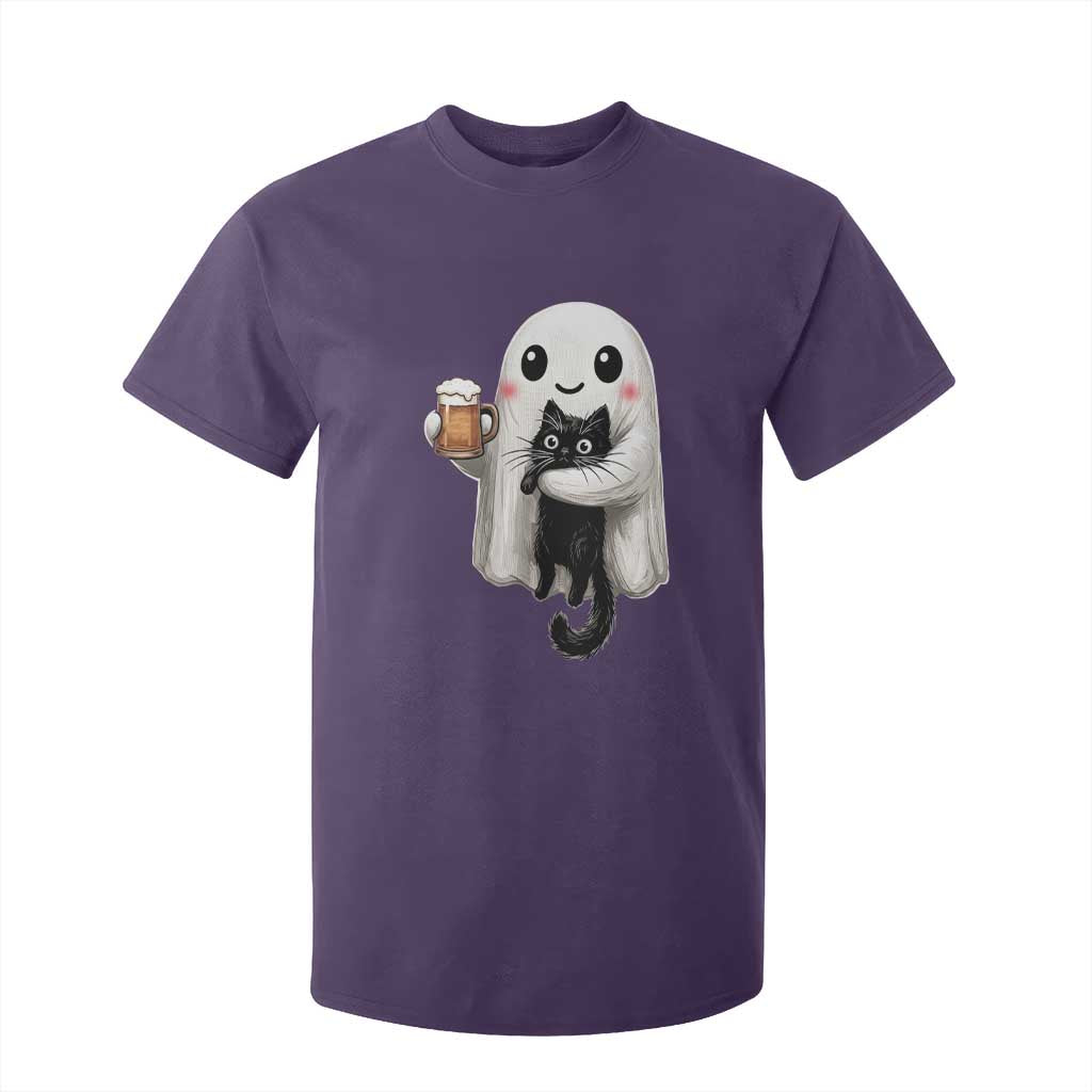 Funny Halloween T Shirt For Kid Cute Ghost Holding Black Cat Drinking Beer TS12 Purple Print Your Wear