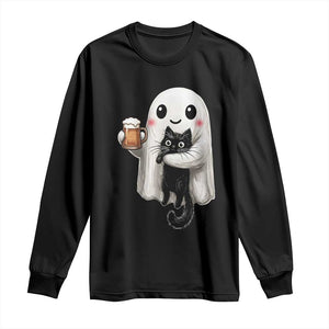 Funny Halloween Long Sleeve Shirt Cute Ghost Holding Black Cat Drinking Beer TS12 Black Print Your Wear