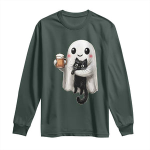 Funny Halloween Long Sleeve Shirt Cute Ghost Holding Black Cat Drinking Beer TS12 Dark Forest Green Print Your Wear