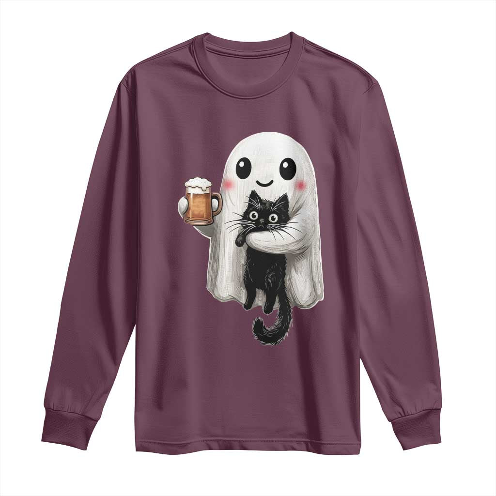 Funny Halloween Long Sleeve Shirt Cute Ghost Holding Black Cat Drinking Beer TS12 Maroon Print Your Wear