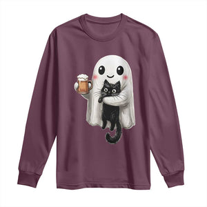 Funny Halloween Long Sleeve Shirt Cute Ghost Holding Black Cat Drinking Beer TS12 Maroon Print Your Wear