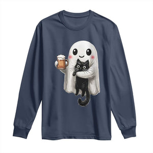 Funny Halloween Long Sleeve Shirt Cute Ghost Holding Black Cat Drinking Beer TS12 Navy Print Your Wear