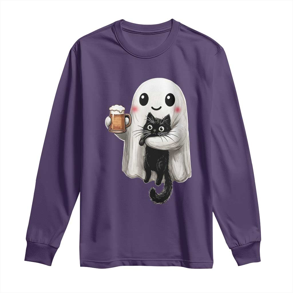 Funny Halloween Long Sleeve Shirt Cute Ghost Holding Black Cat Drinking Beer TS12 Purple Print Your Wear