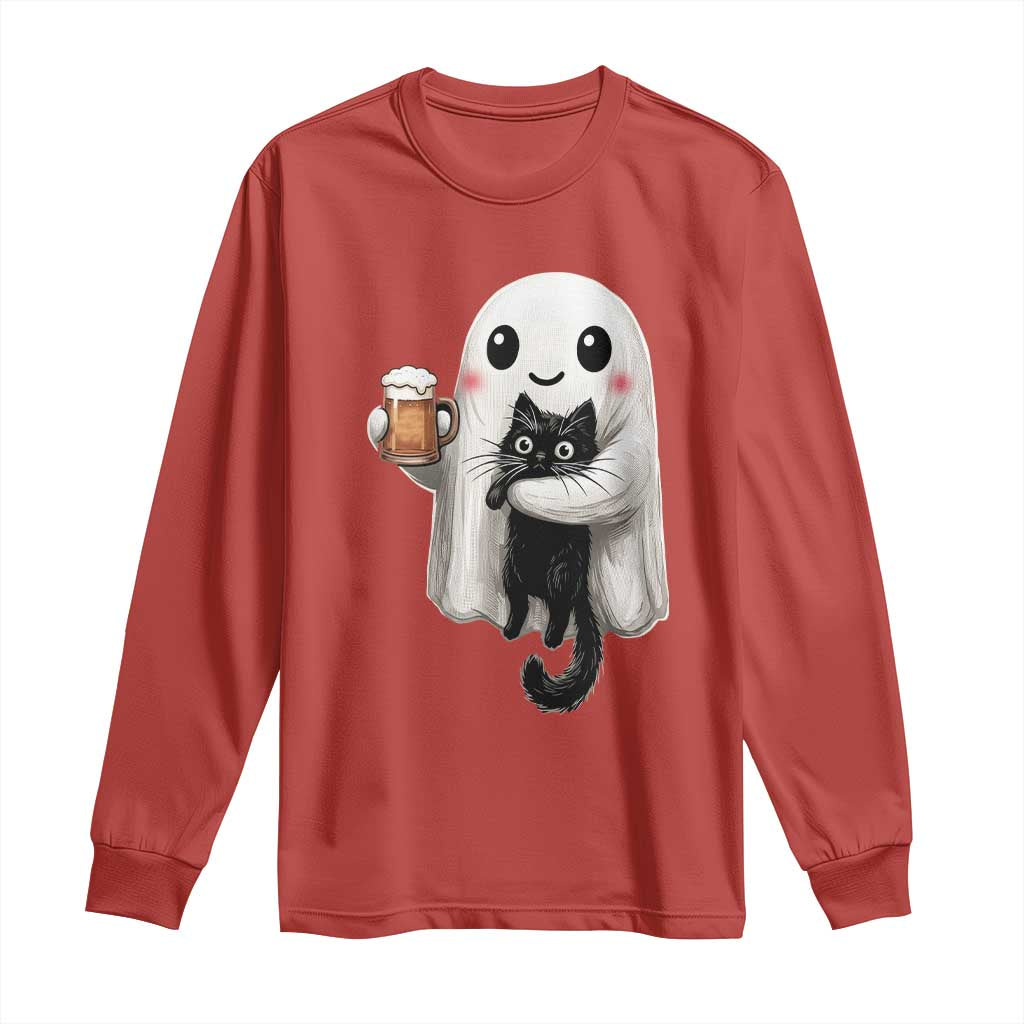 Funny Halloween Long Sleeve Shirt Cute Ghost Holding Black Cat Drinking Beer TS12 Red Print Your Wear