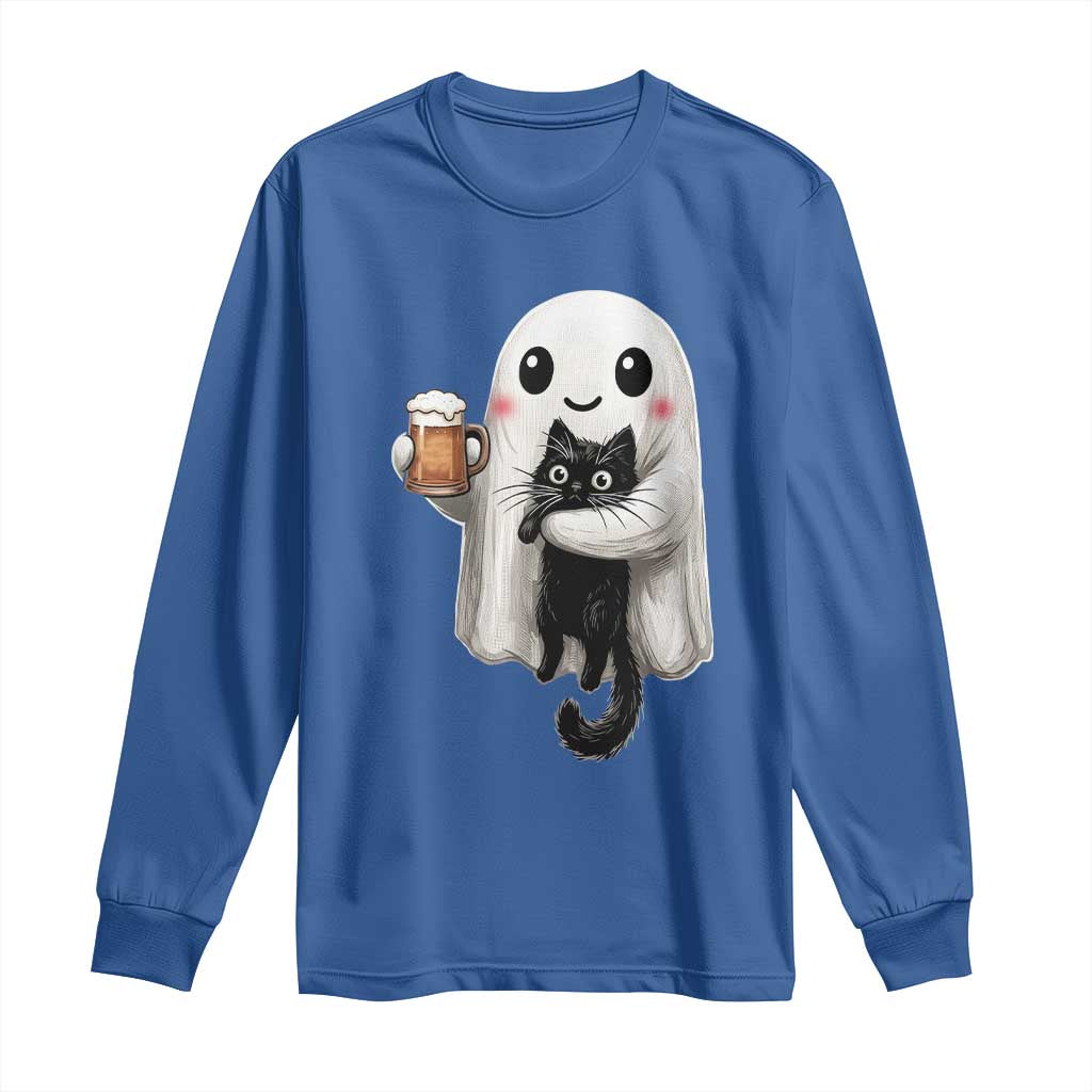 Funny Halloween Long Sleeve Shirt Cute Ghost Holding Black Cat Drinking Beer TS12 Royal Blue Print Your Wear
