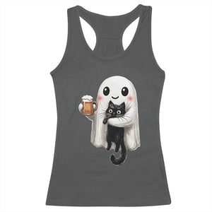Funny Halloween Racerback Tank Top Cute Ghost Holding Black Cat Drinking Beer TS12 Dark Heather Print Your Wear
