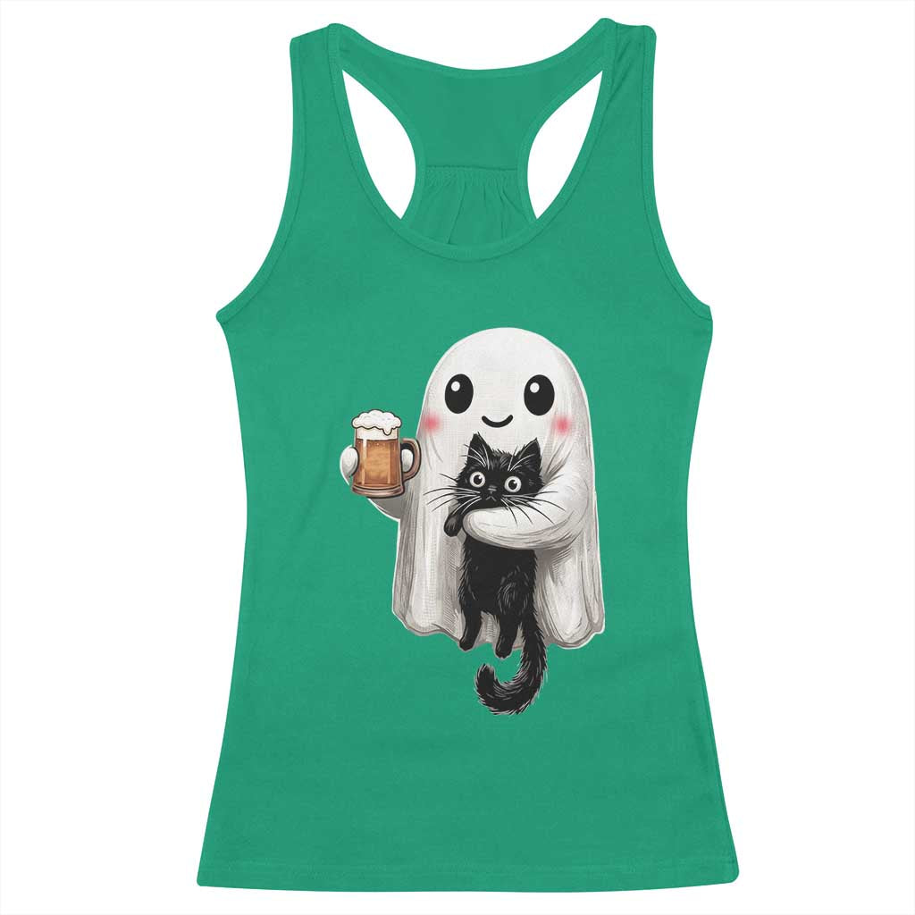 Funny Halloween Racerback Tank Top Cute Ghost Holding Black Cat Drinking Beer TS12 Irish Green Print Your Wear