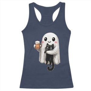 Funny Halloween Racerback Tank Top Cute Ghost Holding Black Cat Drinking Beer TS12 Navy Print Your Wear
