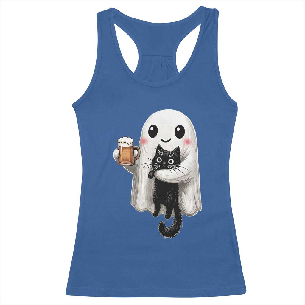 Funny Halloween Racerback Tank Top Cute Ghost Holding Black Cat Drinking Beer TS12 Royal Blue Print Your Wear
