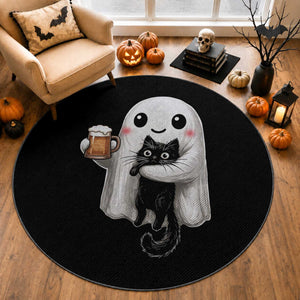 Funny Halloween Round Rug Cute Ghost Holding Black Cat Drinking Beer