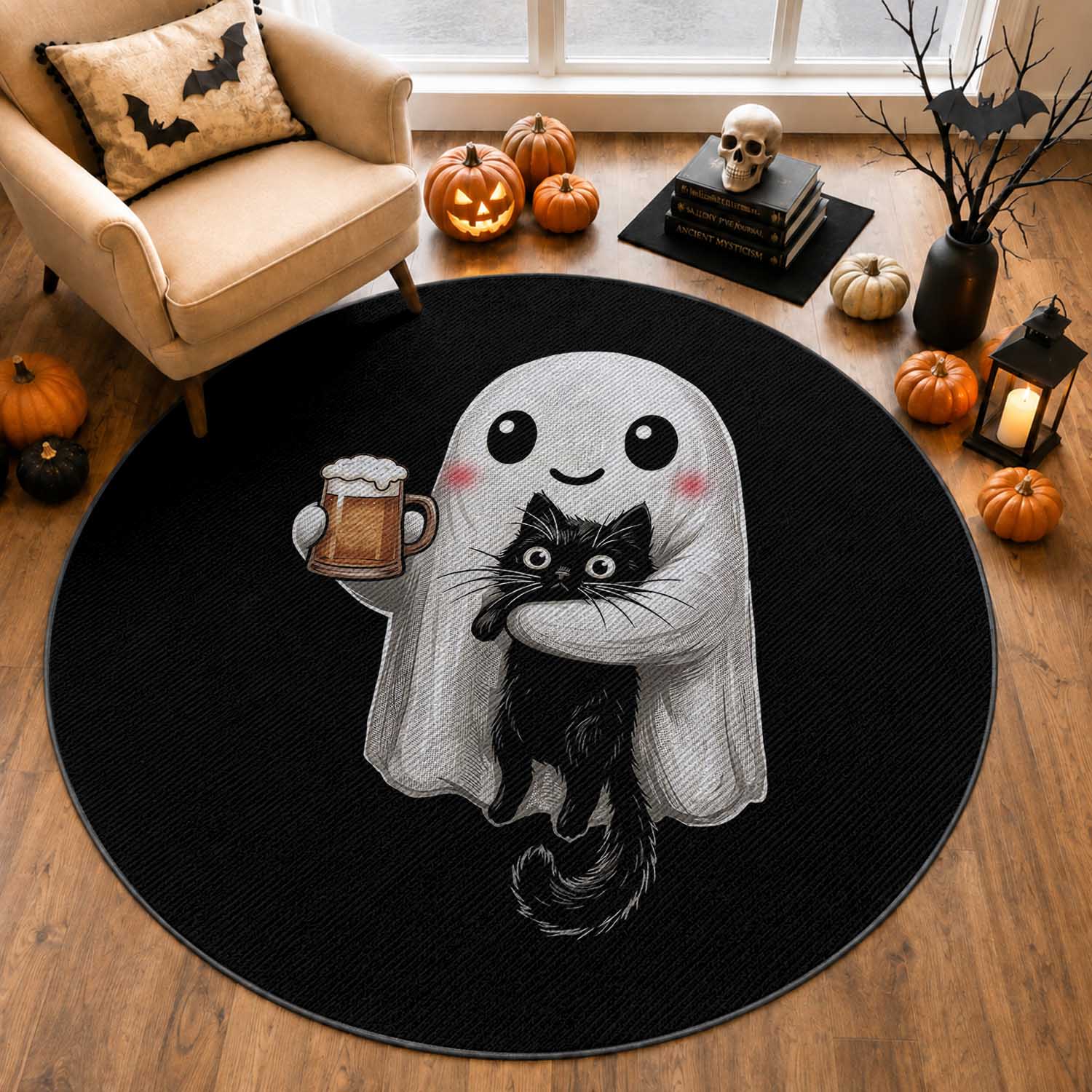 Funny Halloween Round Rug Cute Ghost Holding Black Cat Drinking Beer