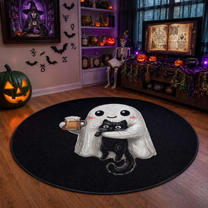 Funny Halloween Round Rug Cute Ghost Holding Black Cat Drinking Beer