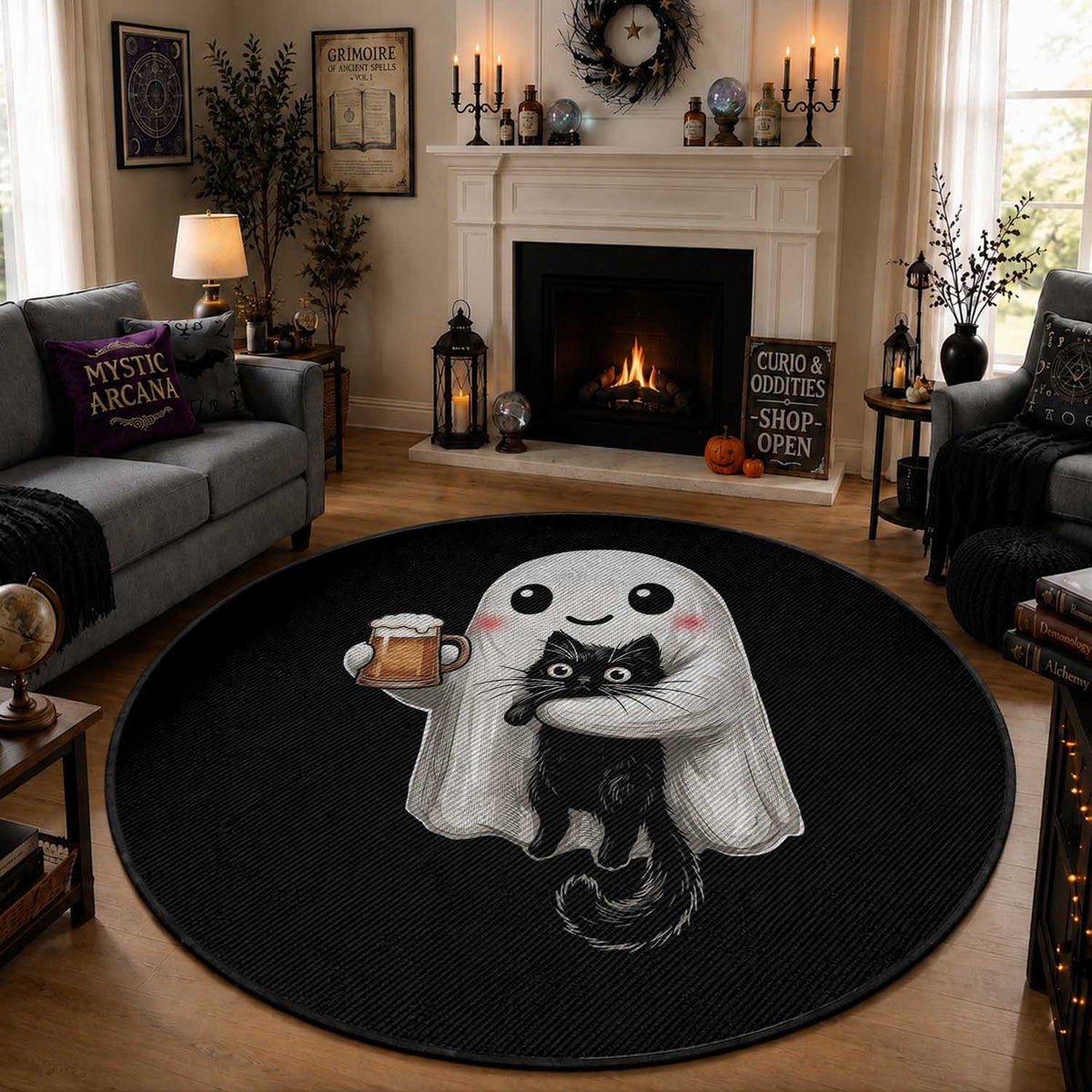 Funny Halloween Round Rug Cute Ghost Holding Black Cat Drinking Beer