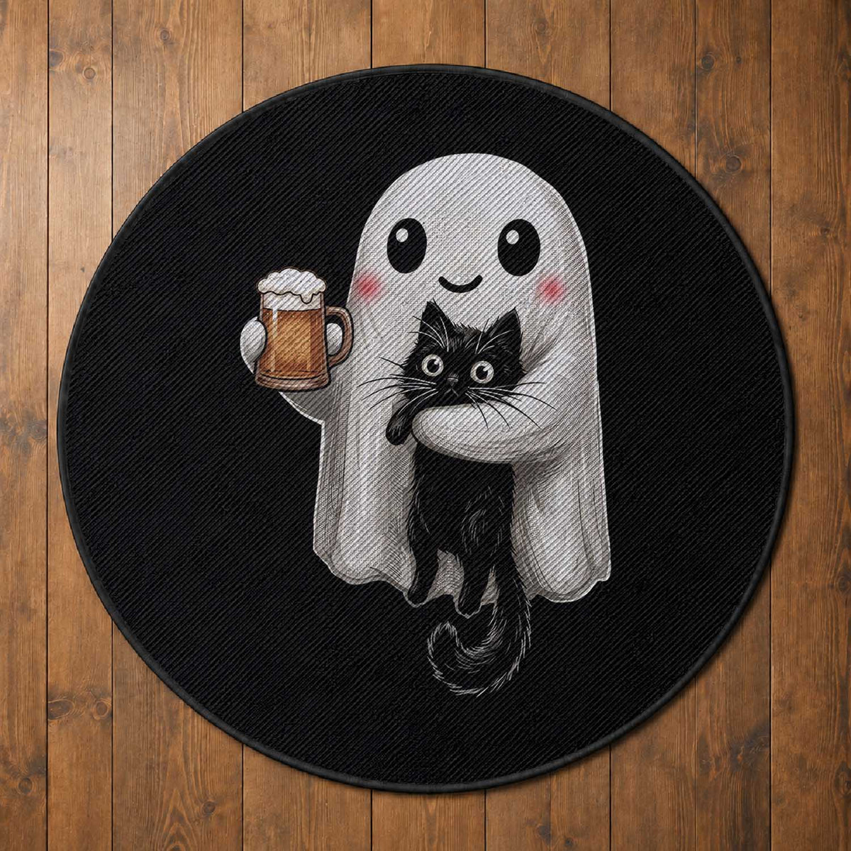 Funny Halloween Round Rug Cute Ghost Holding Black Cat Drinking Beer