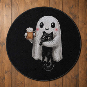Funny Halloween Round Rug Cute Ghost Holding Black Cat Drinking Beer