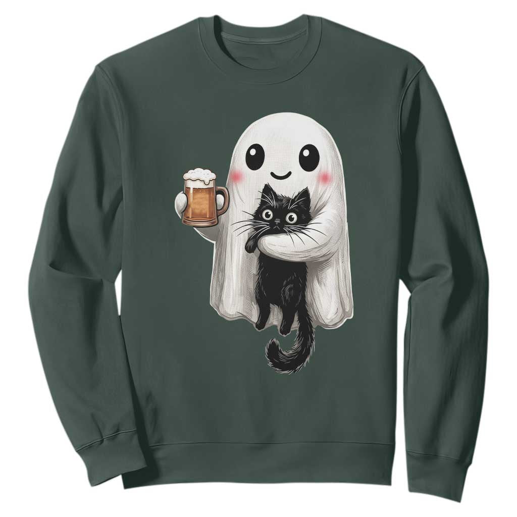 Funny Halloween Sweatshirt Cute Ghost Holding Black Cat Drinking Beer TS12 Dark Forest Green Print Your Wear