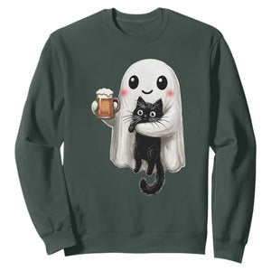 Funny Halloween Sweatshirt Cute Ghost Holding Black Cat Drinking Beer TS12 Dark Forest Green Print Your Wear