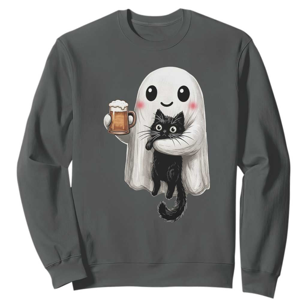 Funny Halloween Sweatshirt Cute Ghost Holding Black Cat Drinking Beer TS12 Dark Heather Print Your Wear