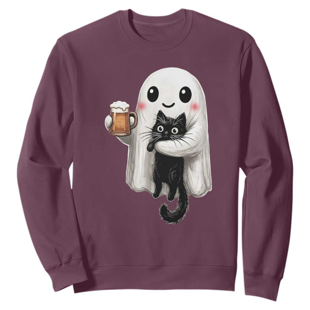 Funny Halloween Sweatshirt Cute Ghost Holding Black Cat Drinking Beer TS12 Maroon Print Your Wear