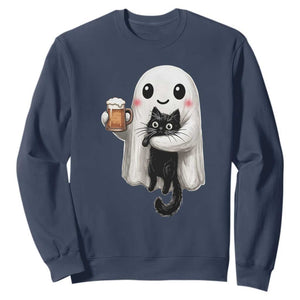 Funny Halloween Sweatshirt Cute Ghost Holding Black Cat Drinking Beer TS12 Navy Print Your Wear