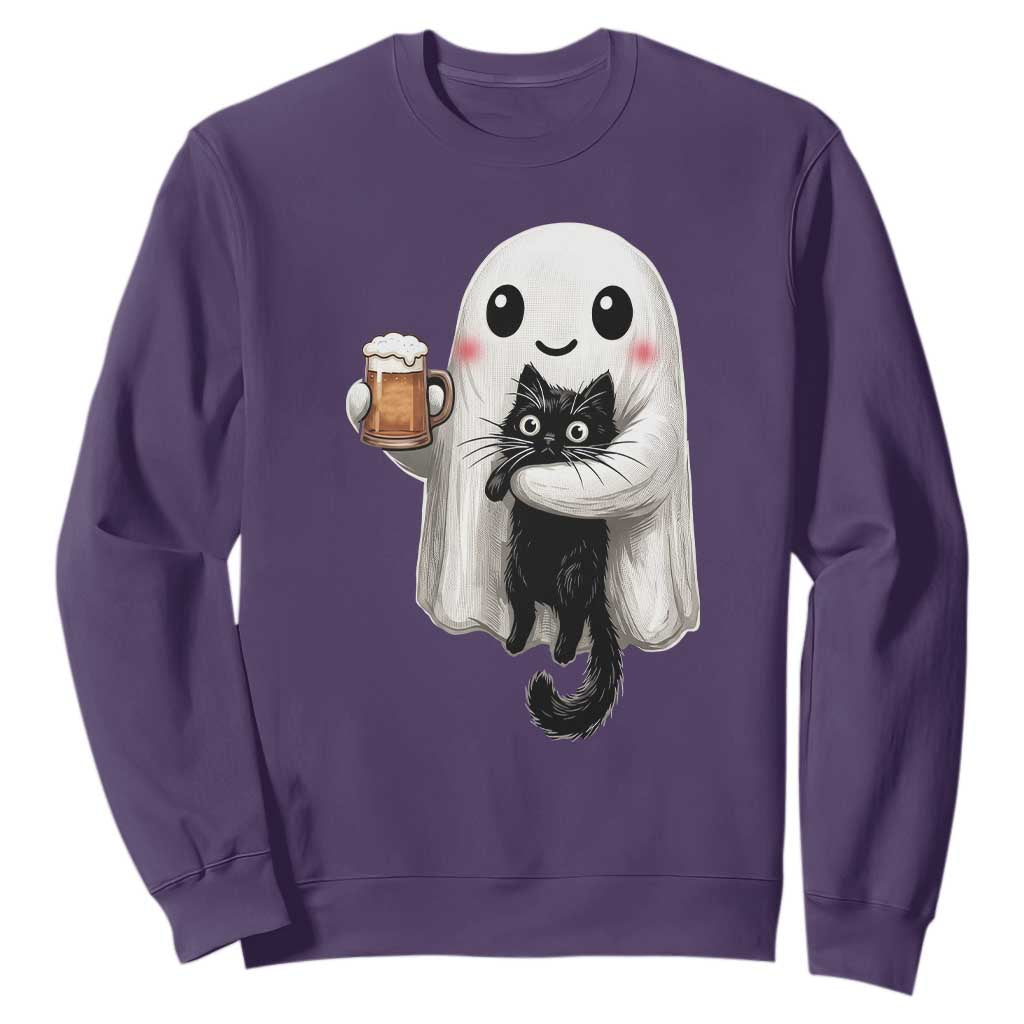Funny Halloween Sweatshirt Cute Ghost Holding Black Cat Drinking Beer TS12 Purple Print Your Wear