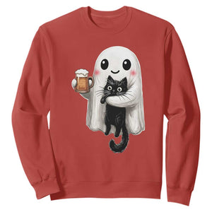 Funny Halloween Sweatshirt Cute Ghost Holding Black Cat Drinking Beer TS12 Red Print Your Wear