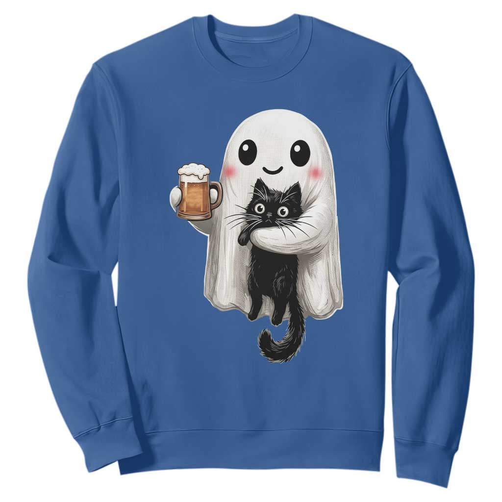 Funny Halloween Sweatshirt Cute Ghost Holding Black Cat Drinking Beer TS12 Royal Blue Print Your Wear