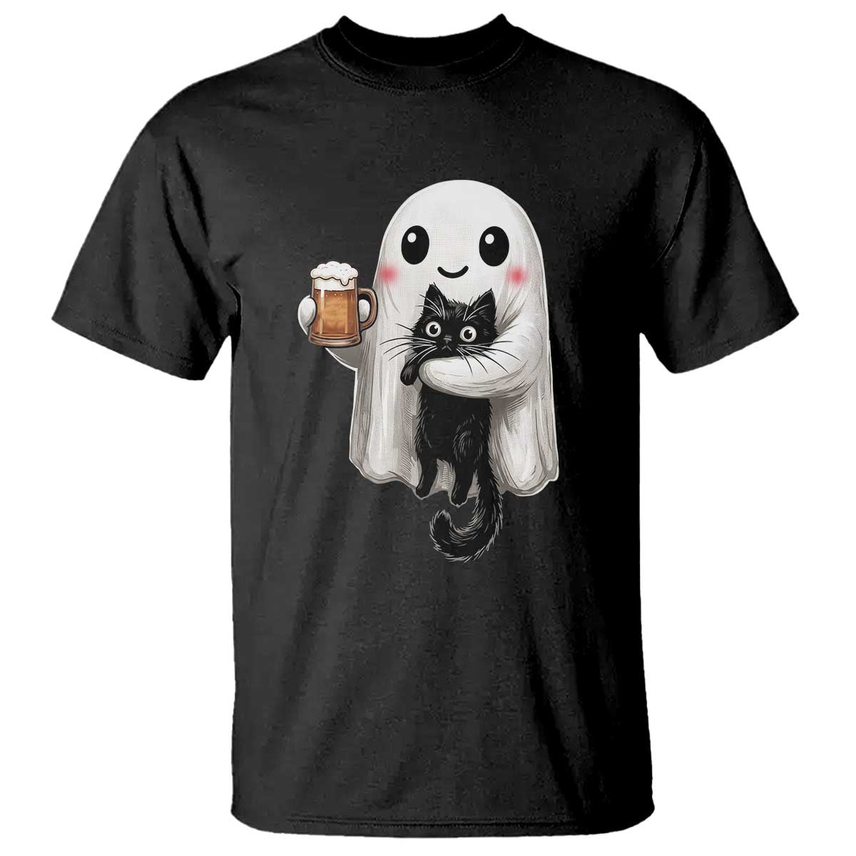Funny Halloween T Shirt Cute Ghost Holding Black Cat Drinking Beer TS12 Black Print Your Wear