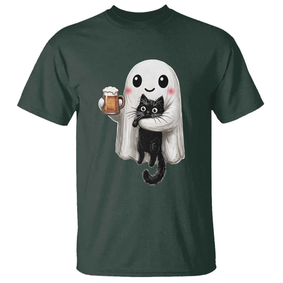 Funny Halloween T Shirt Cute Ghost Holding Black Cat Drinking Beer TS12 Dark Forest Green Print Your Wear