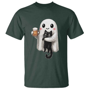 Funny Halloween T Shirt Cute Ghost Holding Black Cat Drinking Beer TS12 Dark Forest Green Print Your Wear