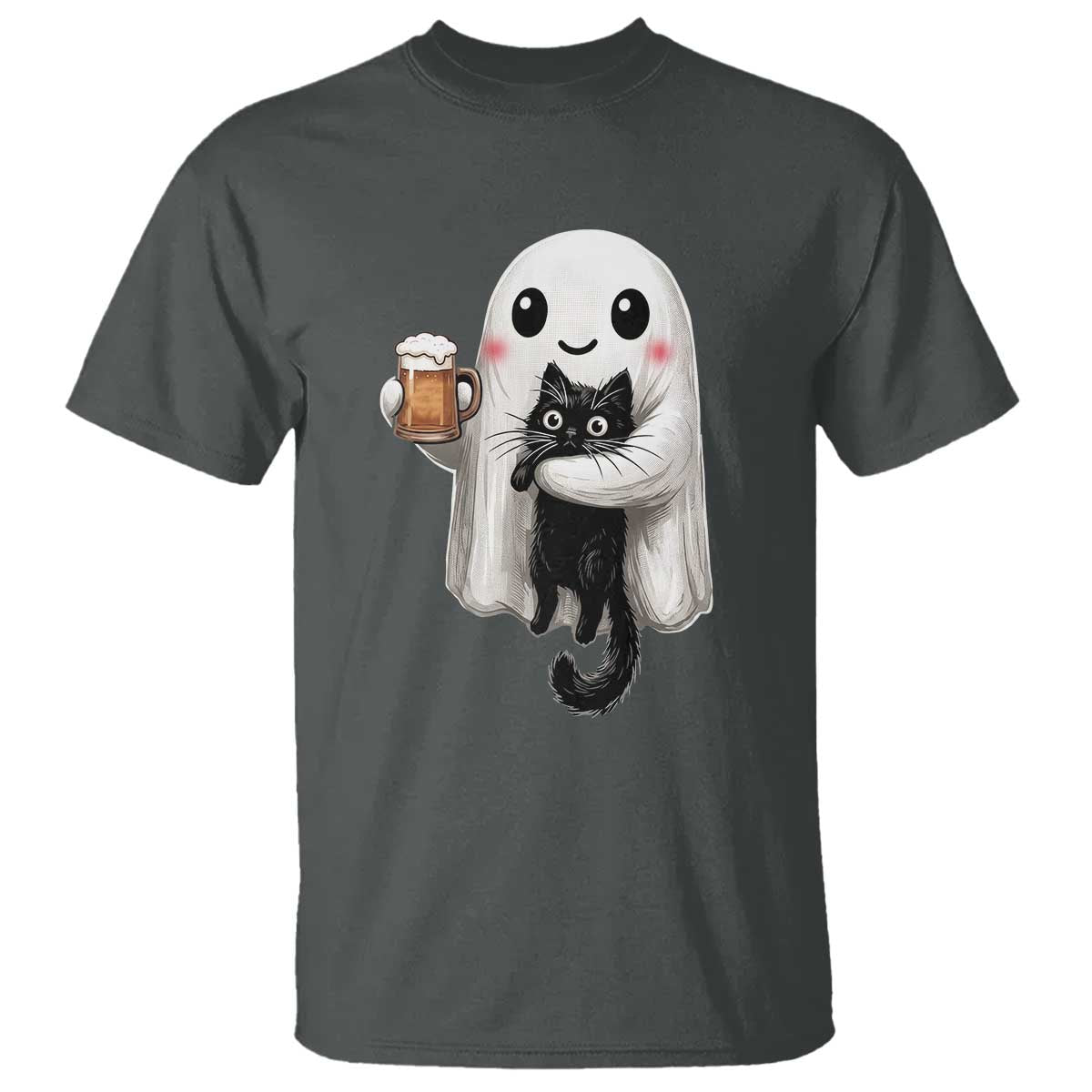 Funny Halloween T Shirt Cute Ghost Holding Black Cat Drinking Beer TS12 Dark Heather Print Your Wear