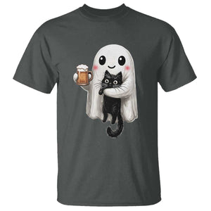 Funny Halloween T Shirt Cute Ghost Holding Black Cat Drinking Beer TS12 Dark Heather Print Your Wear