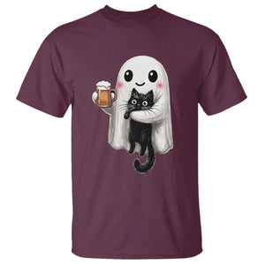 Funny Halloween T Shirt Cute Ghost Holding Black Cat Drinking Beer TS12 Maroon Print Your Wear