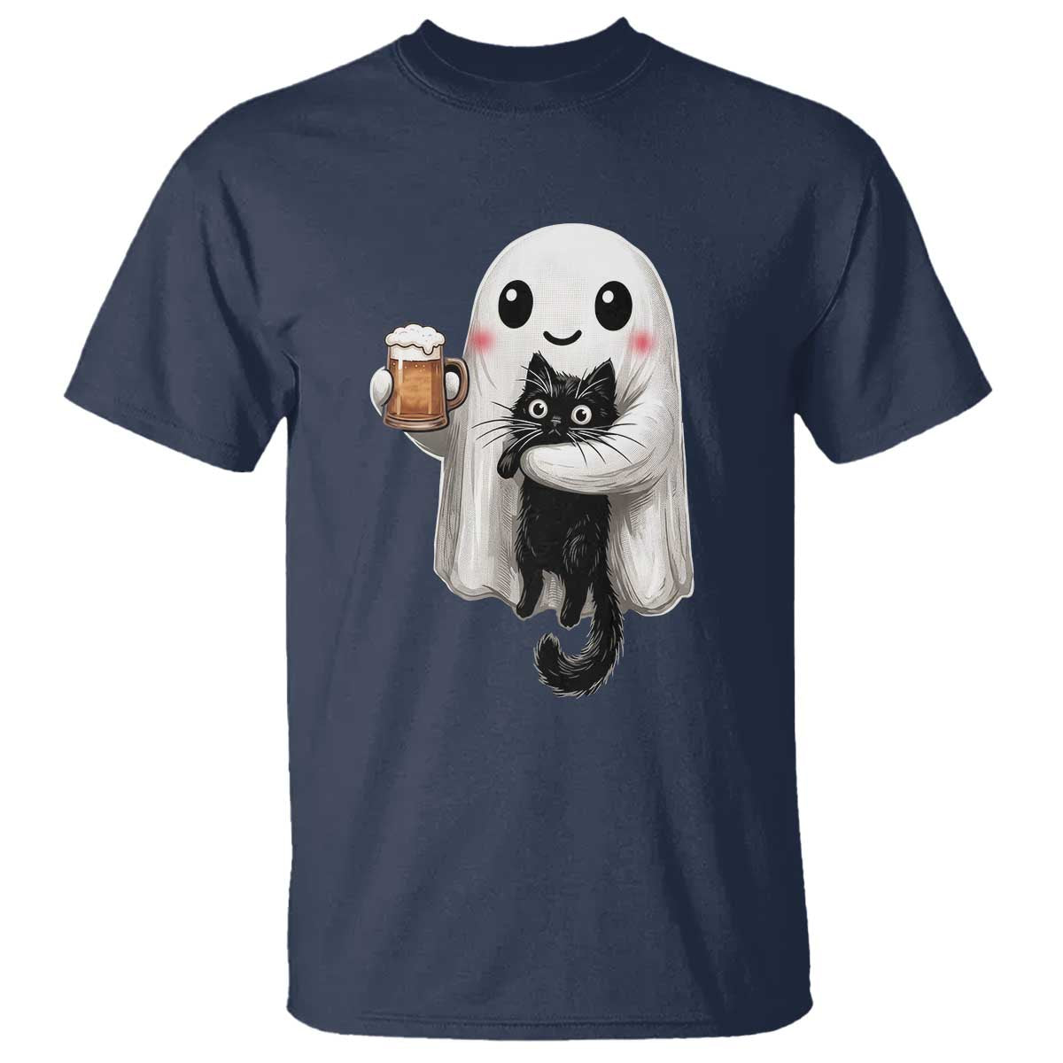 Funny Halloween T Shirt Cute Ghost Holding Black Cat Drinking Beer TS12 Navy Print Your Wear