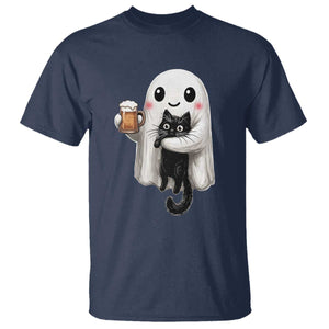 Funny Halloween T Shirt Cute Ghost Holding Black Cat Drinking Beer TS12 Navy Print Your Wear