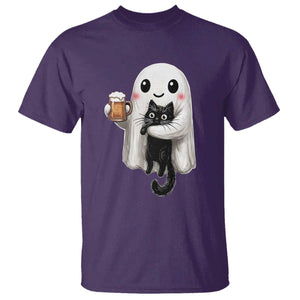 Funny Halloween T Shirt Cute Ghost Holding Black Cat Drinking Beer TS12 Purple Print Your Wear