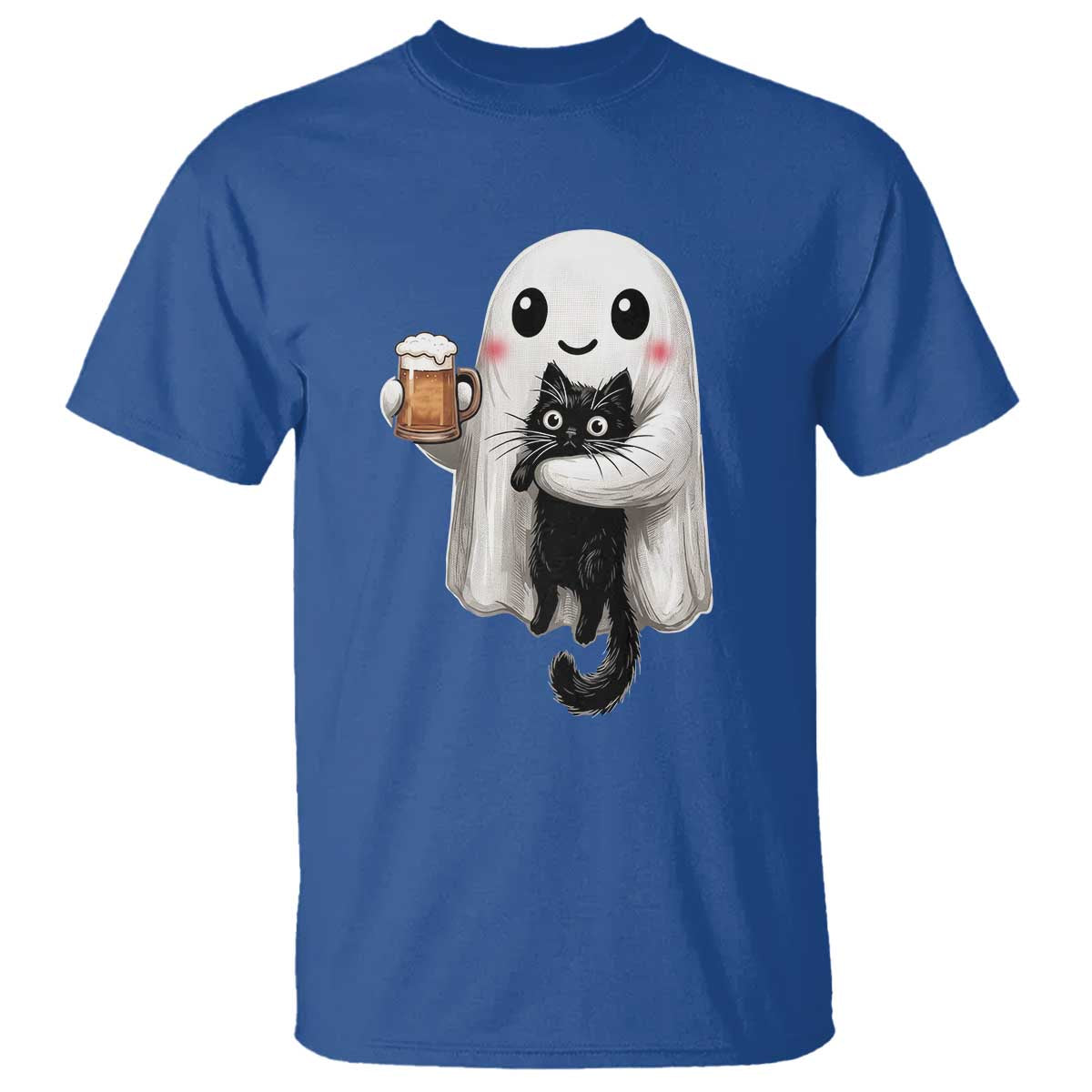 Funny Halloween T Shirt Cute Ghost Holding Black Cat Drinking Beer TS12 Royal Blue Print Your Wear