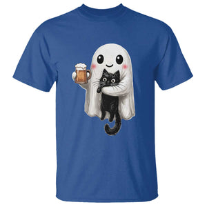 Funny Halloween T Shirt Cute Ghost Holding Black Cat Drinking Beer TS12 Royal Blue Print Your Wear