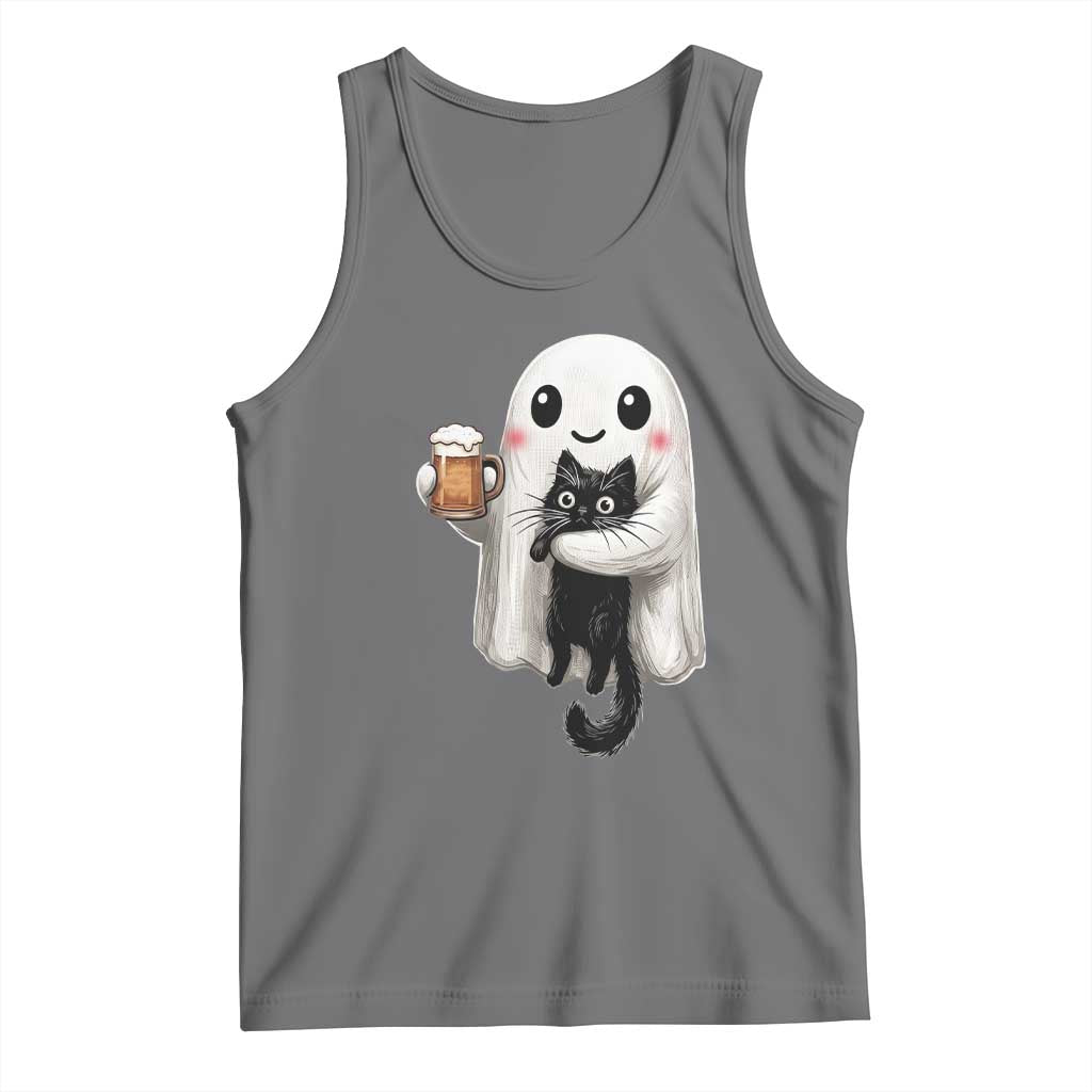 Funny Halloween Tank Top Cute Ghost Holding Black Cat Drinking Beer TS12 Black Heather Print Your Wear