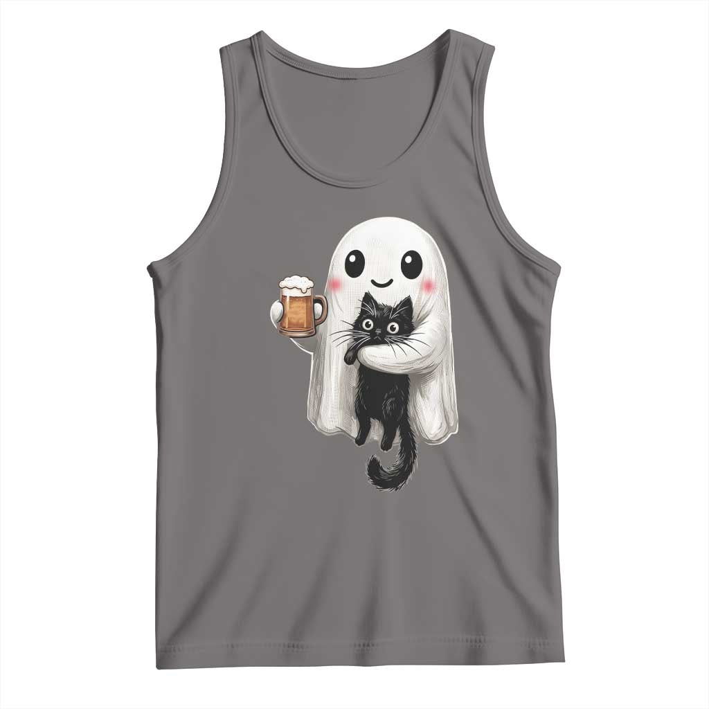Funny Halloween Tank Top Cute Ghost Holding Black Cat Drinking Beer TS12 Deep Heather Print Your Wear