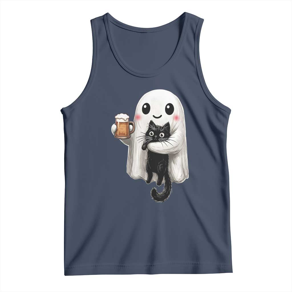 Funny Halloween Tank Top Cute Ghost Holding Black Cat Drinking Beer TS12 Navy Print Your Wear