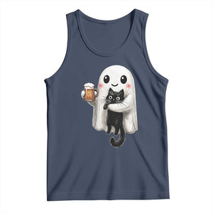 Funny Halloween Tank Top Cute Ghost Holding Black Cat Drinking Beer TS12 Navy Print Your Wear