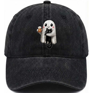 Funny Halloween Washed Cotton Baseball Cap Cute Ghost Holding Black Cat Drinking Beer TS12 Print Your Wear