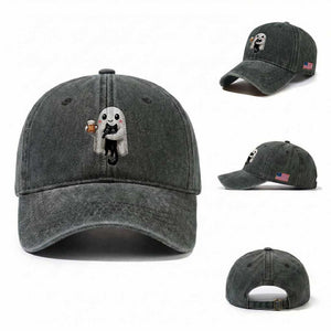 Funny Halloween Washed Cotton Baseball Cap Cute Ghost Holding Black Cat Drinking Beer TS12 Washed Cap Universal Fit Dark Green Print Your Wear