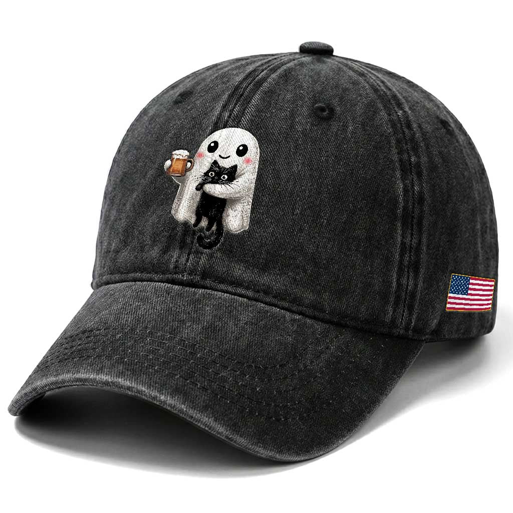 Funny Halloween Washed Cotton Baseball Cap Cute Ghost Holding Black Cat Drinking Beer TS12 Print Your Wear