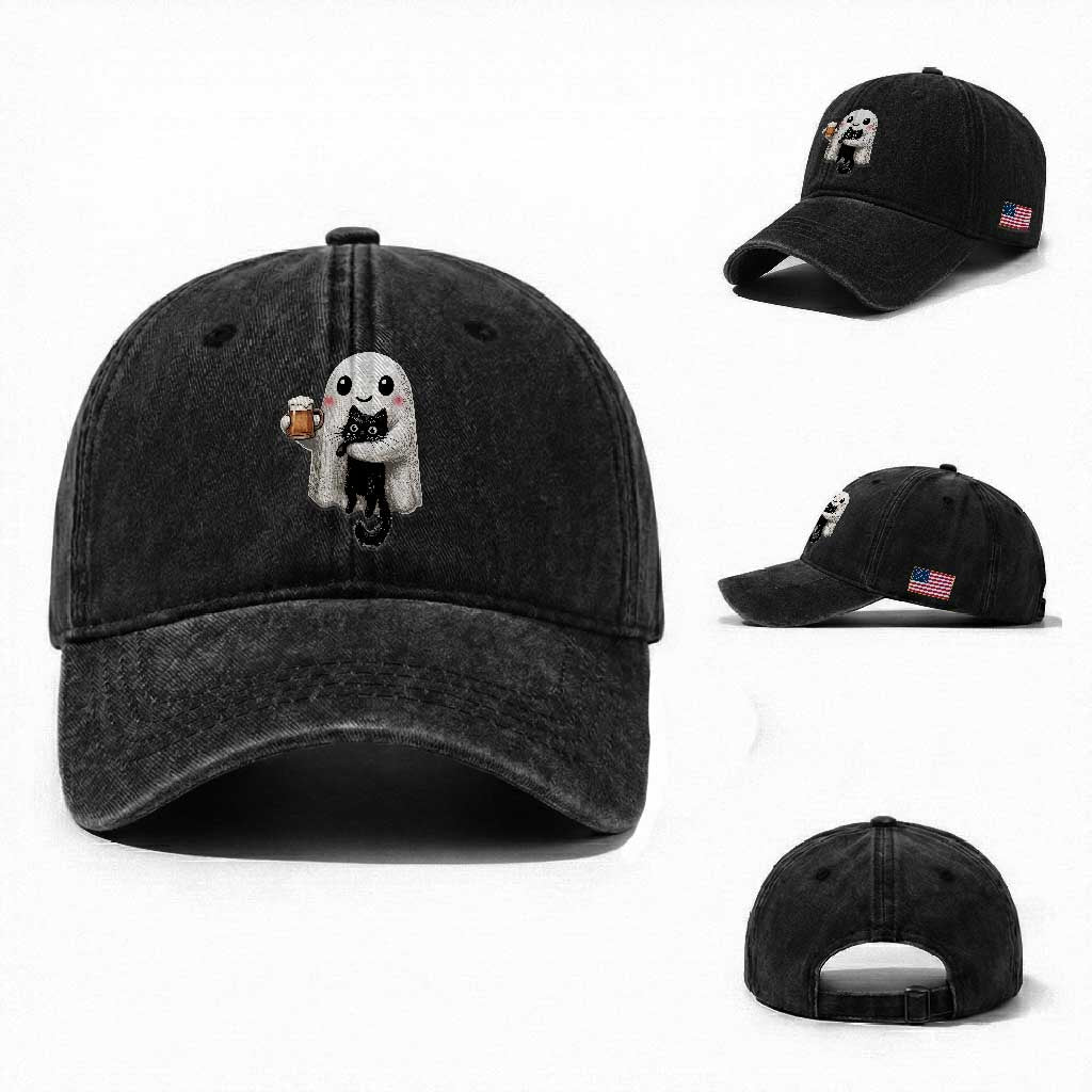 Funny Halloween Washed Cotton Baseball Cap Cute Ghost Holding Black Cat Drinking Beer TS12 Washed Cap Universal Fit Black Print Your Wear