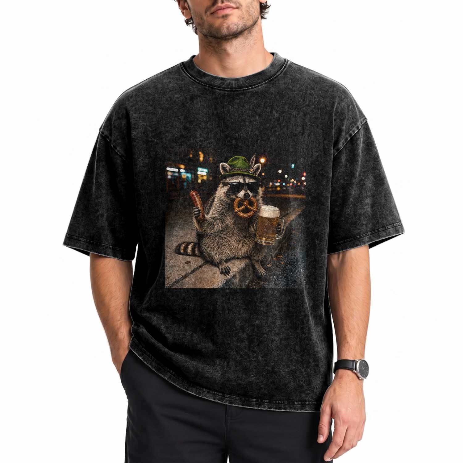 Funny Oktoberfest Raccoon Washed Cotton T-Shirt Cute Trash Panda Beer Festival Bavarian Gift