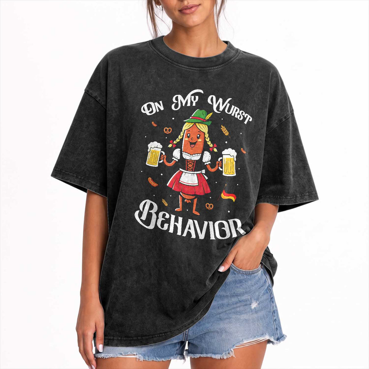 Funny Oktoberfest Sausage Dirndl German Beer Washed Cotton T-Shirt On My Wurst Behavior