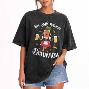 Funny Oktoberfest Sausage Dirndl German Beer Washed Cotton T-Shirt On My Wurst Behavior