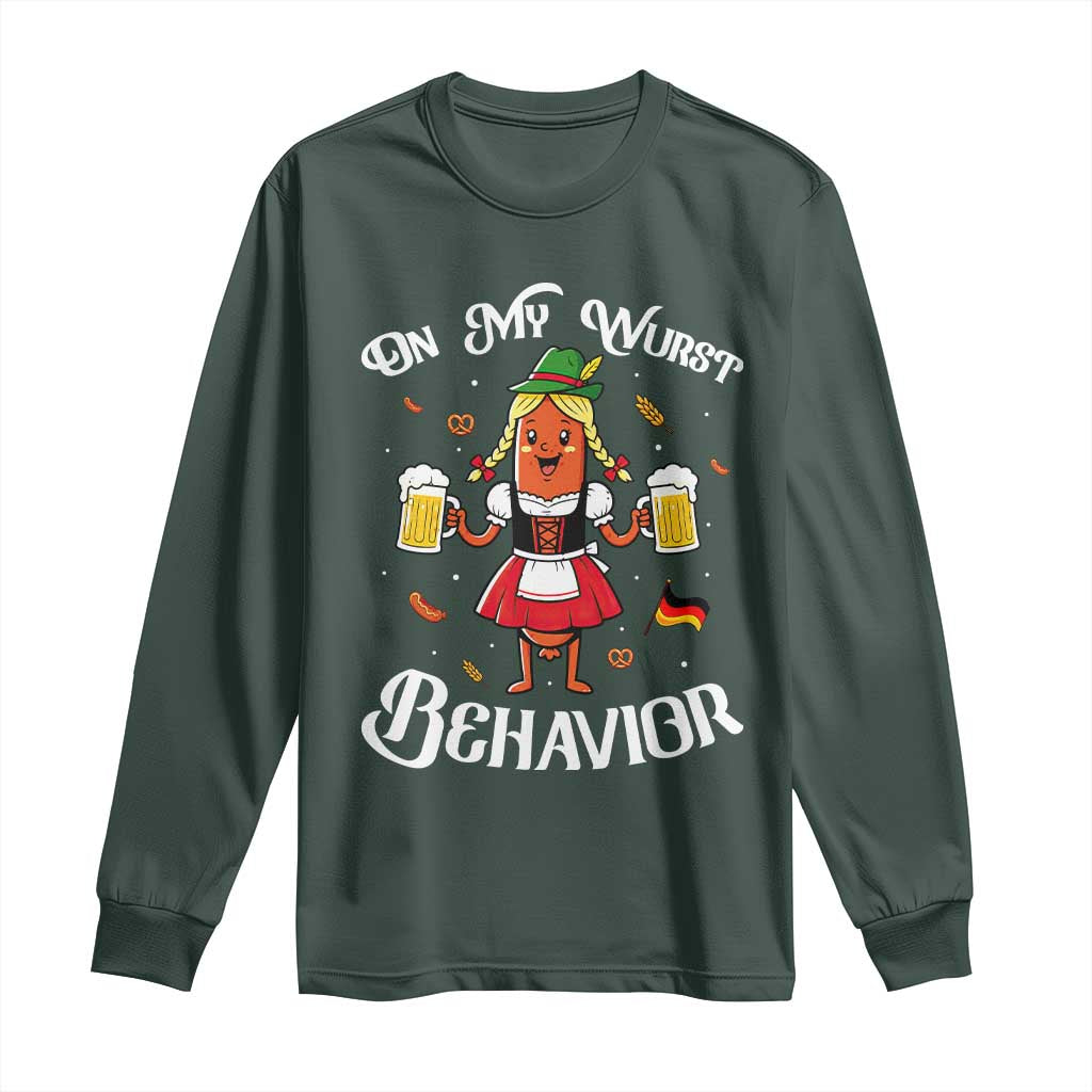 Funny Oktoberfest Sausage Dirndl German Beer Long Sleeve Shirt On My Wurst Behavior TS12 Dark Forest Green Print Your Wear